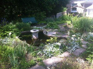 The pond at Eldon House, with a pedestal in the center