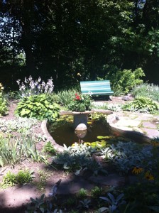 a pot of flowers on a pedestal in the garden in Eldon House, with a green bench in the background