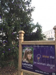 The tree in Victoria Park lit with purple lights to "Shine the Light on Woman Abuse" with Mary Meadows' sign--one of the women being honoured for this year's campaign.  