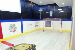During the ribbon-cutting ceremony, Mike Holmes says the room allows children to move hockey indoors. (Photo via @dreamitwinit)